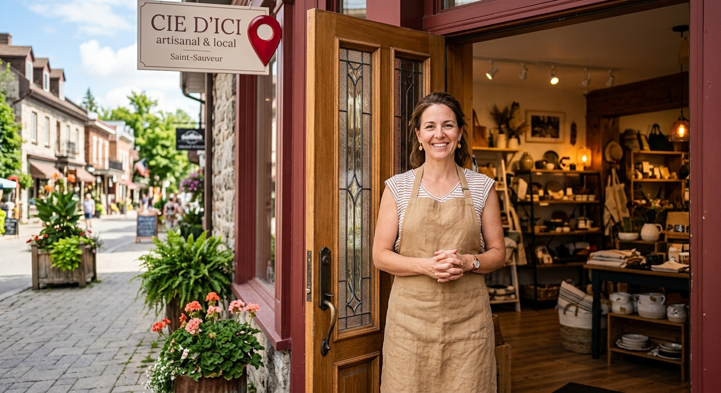 Illustration d’une commerçante accueillant les gens devant sa boutique